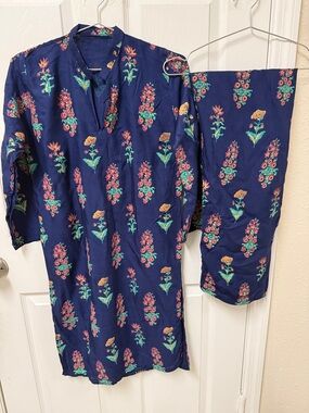 Navy Pakistani Indian Floral Print cotton salwar kameez